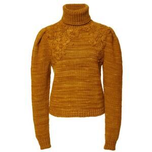 Ulla Johnson Turtleneck 100% Merino Wool Floral Embroidered Sweater Olive Small